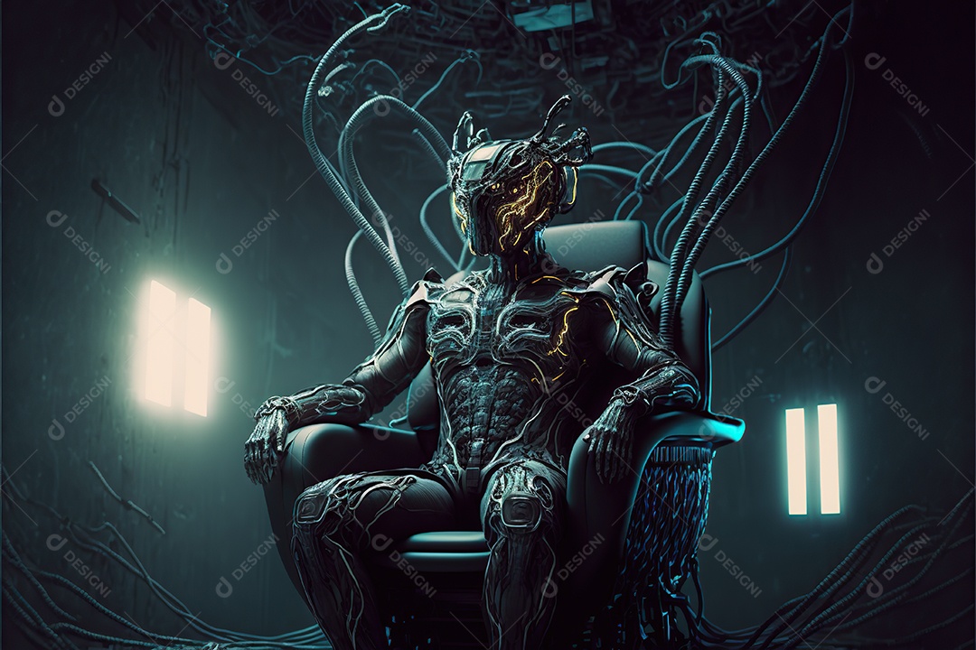 Homem com um capacete tecnológico sentado em uma pesada cadeira cibernética. Futurista, fantasia.