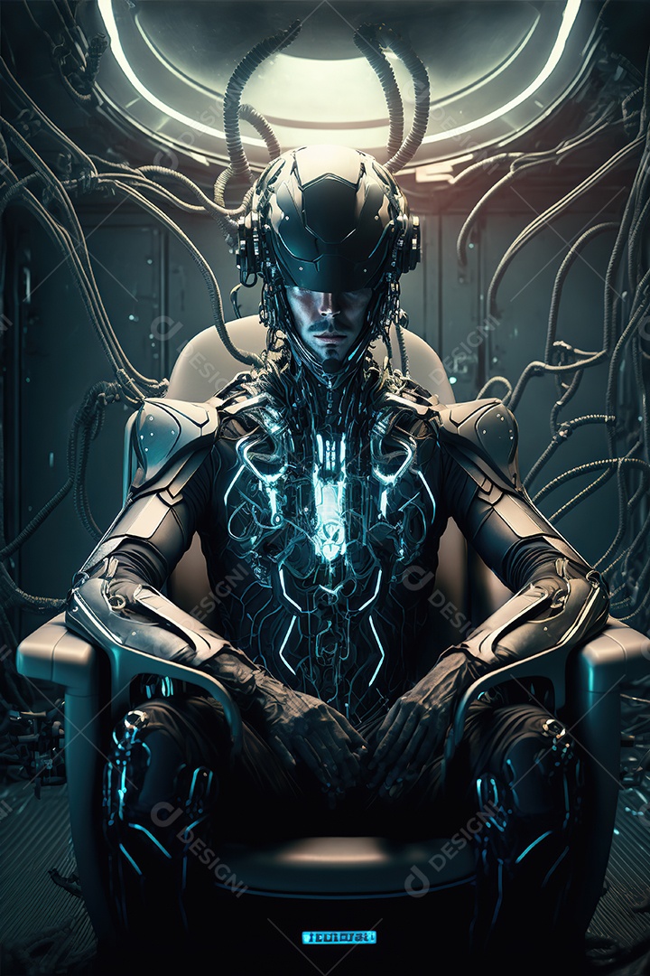 homem com um capacete tecnológico sentado em uma pesada cadeira cibernética. Futurista, fantasia.