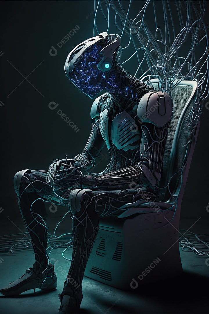 Homem com um capacete tecnológico sentado em uma pesada cadeira cibernética. Futurista, fantasia.