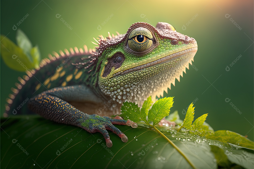 Vida selvagem, adorável lagarto na folha. Macro.