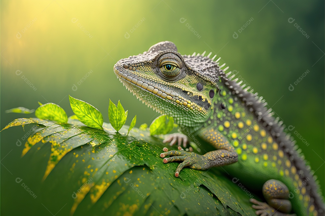 Vida selvagem, adorável lagarto na folha. Macro.