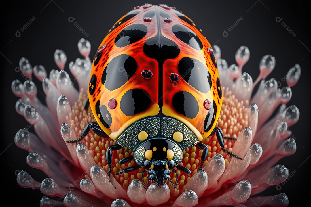 Adorável joaninha na flor. Visão macro.