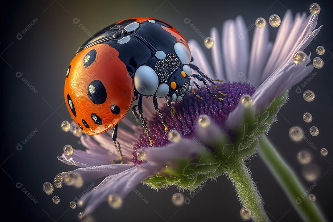 Adorável joaninha na flor. Visão macro.