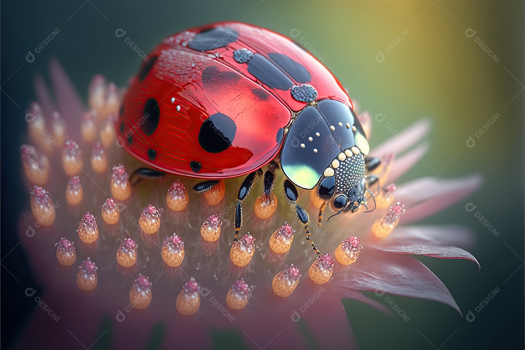 Adorável joaninha na flor. Visão macro.