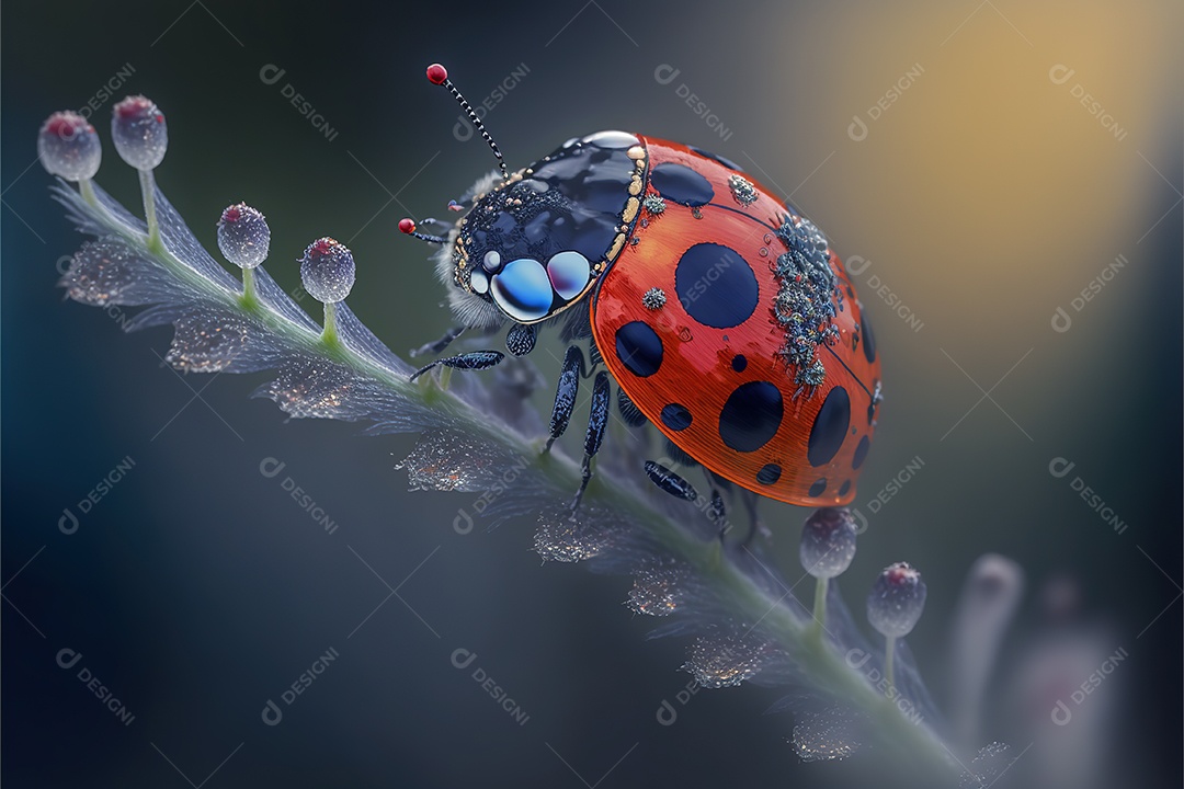 Adorável joaninha na flor. Visão macro.