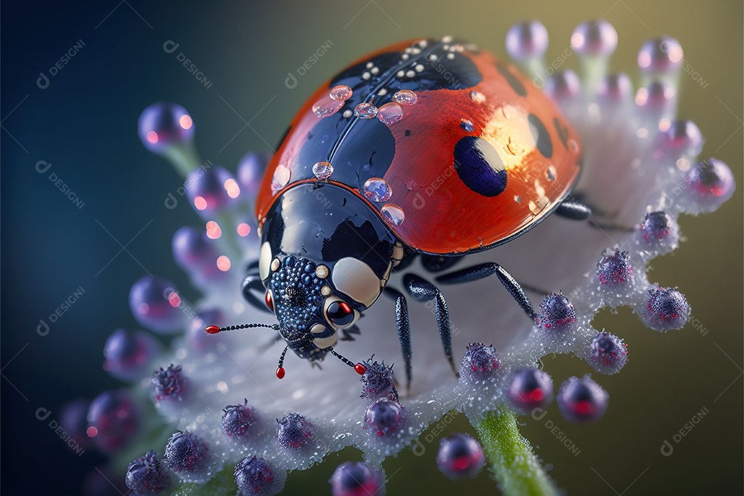 Adorável joaninha na flor. Visão macro.