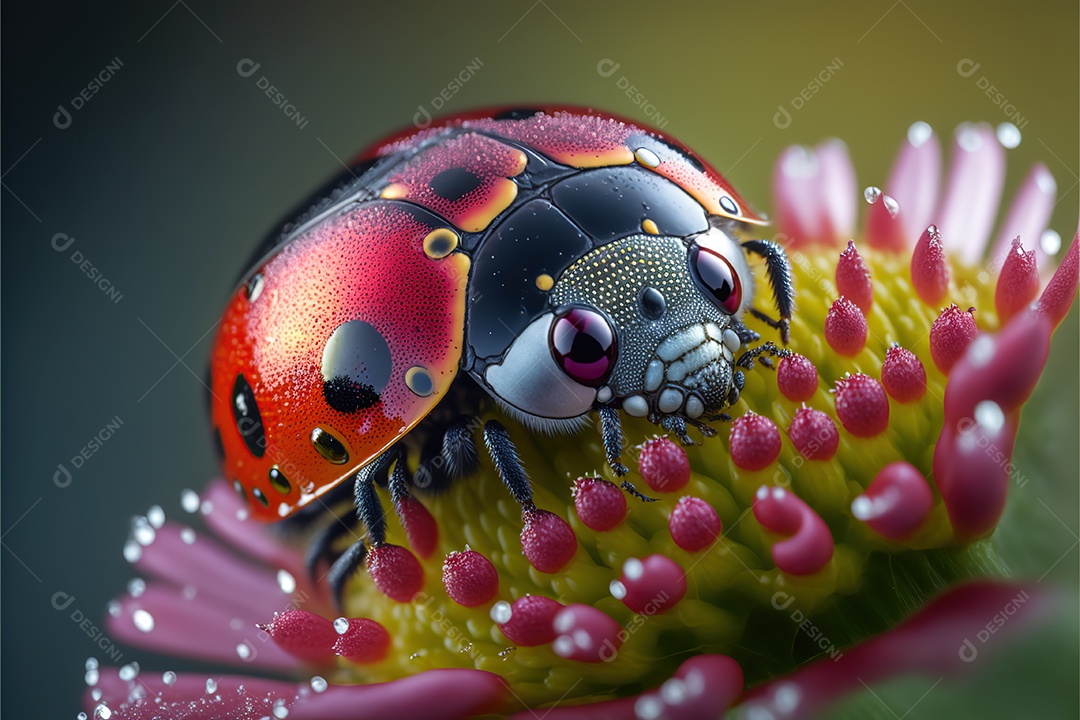 adorável joaninha na flor. Visão macro.