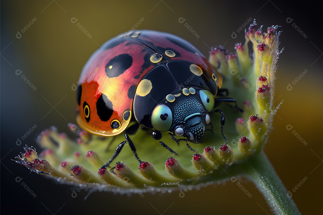 Adorável joaninha na flor. Visão macro.