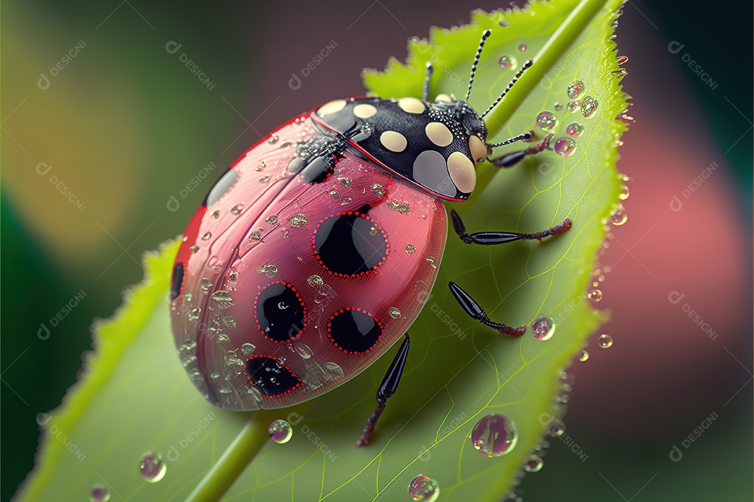 Adorável joaninha na flor. Visão macro.