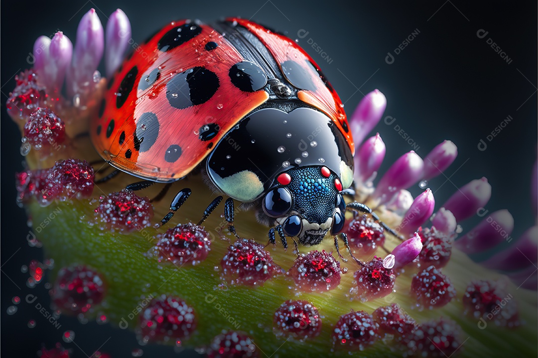 Adorável joaninha na flor. Visão macro.