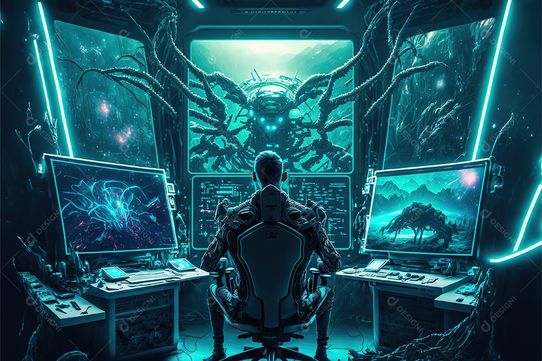 Homem com um capacete tecnológico sentado em uma pesada cadeira cibernética. Futurista, fantasia.