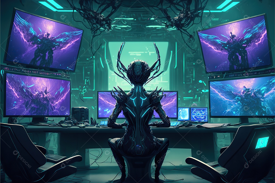 Homem com um capacete tecnológico sentado em uma pesada cadeira cibernética. Futurista, fantasia.