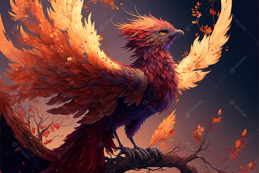 a Fênix está empoleirada em um galho de flores secas. Ela tem penas brilhantes e ardentes que formam uma cauda longa e luxuosa. Pássaro de fogo.