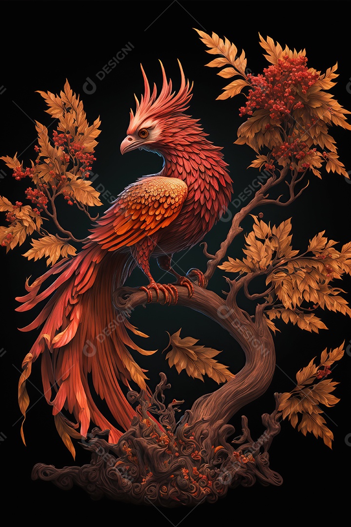 a Fênix está empoleirada em um galho de flores secas. Ela tem penas brilhantes e ardentes que formam uma cauda longa e luxuosa. Pássaro de fogo.