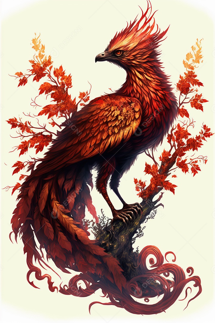 Fênix está empoleirada em um galho de flores secas. Ela tem penas brilhantes e ardentes que formam uma cauda longa e luxuosa. Pássaro de fogo.