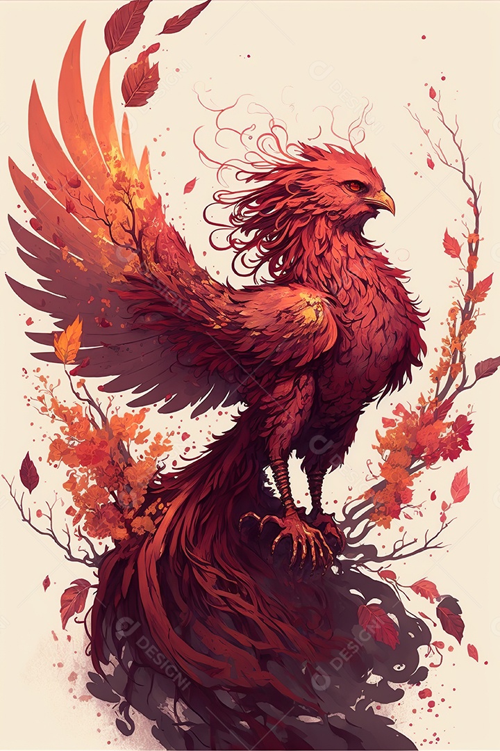 a Fênix está empoleirada em um galho de flores secas. Ela tem penas brilhantes e ardentes que formam uma cauda longa e luxuosa. Pássaro de fogo.
