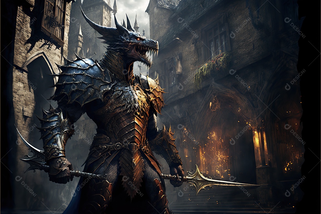 Homem dragão com armadura, criatura guerreira. Fantasia