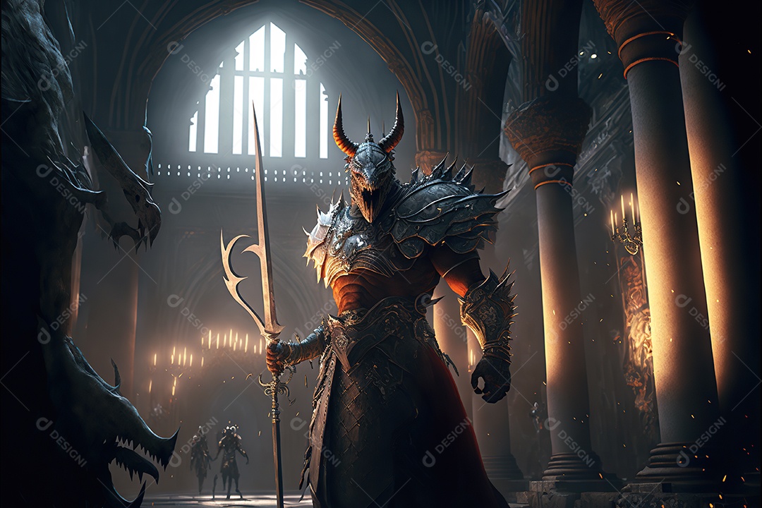 Homem dragão com armadura, criatura guerreira. Fantasia