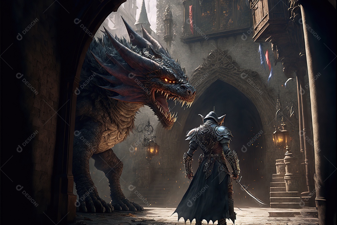 Dragão atacando a cidade em chamas. uma multidão de pessoas correndo assustadas. fantasia