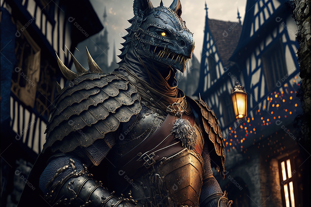 Homem dragão com armadura, criatura guerreira. Fantasia