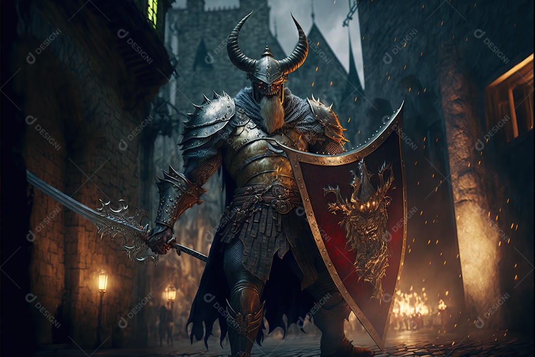 Homem dragão com armadura, criatura guerreira. Fantasia