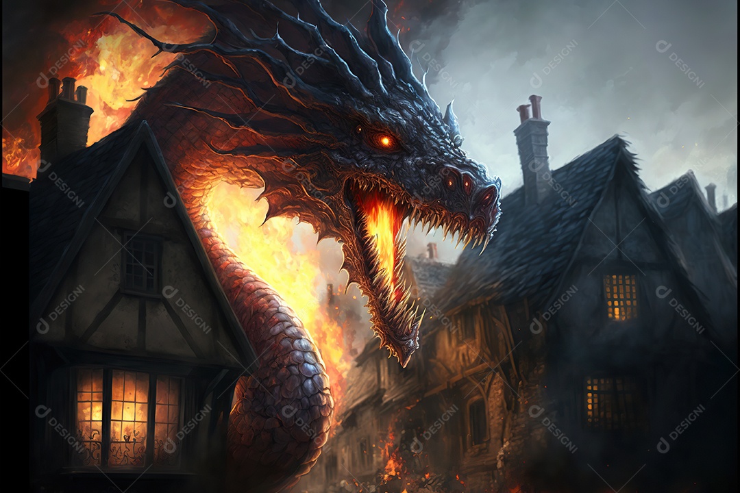 Dragão atacando a cidade em chamas. uma multidão de pessoas correndo assustadas. fantasia