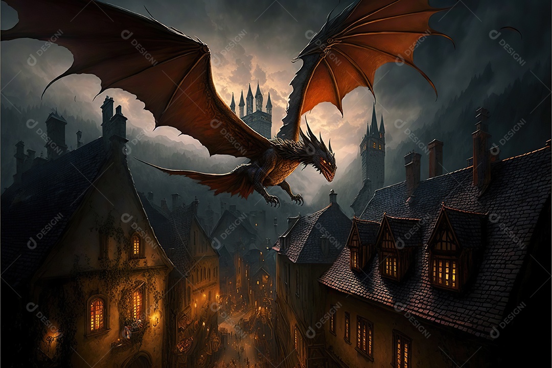 Dragão atacando a cidade em chamas. uma multidão de pessoas correndo assustadas. fantasia