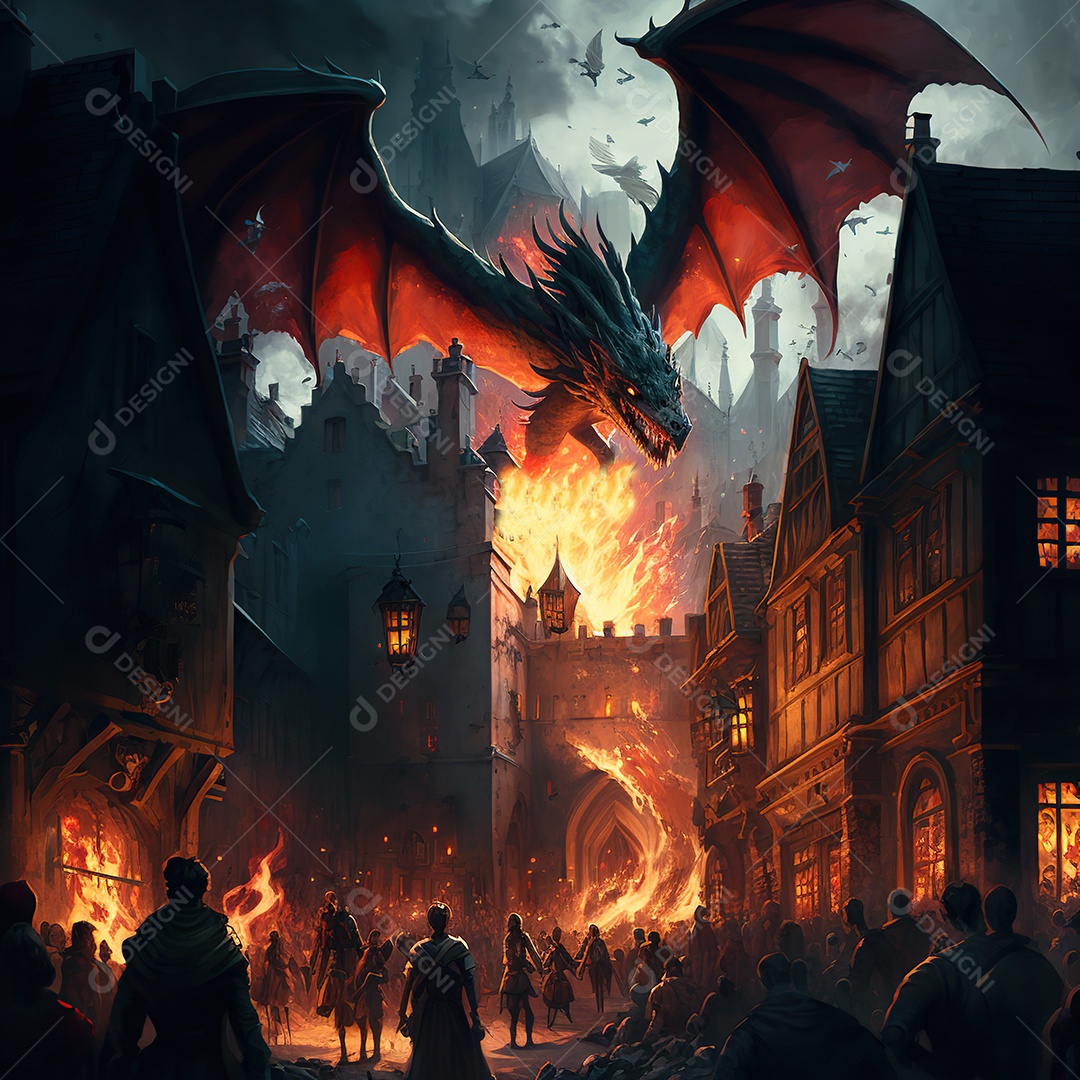 Dragão atacando a cidade em chamas. uma multidão de pessoas correndo assustadas. fantasia