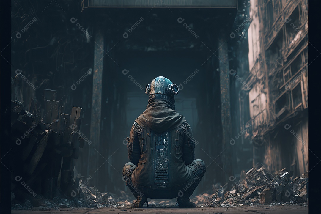 Mundo pós apocalíptico. sobrevivente com máscara de praticantes no mundo devastado. Detritos, fumo, solidão.