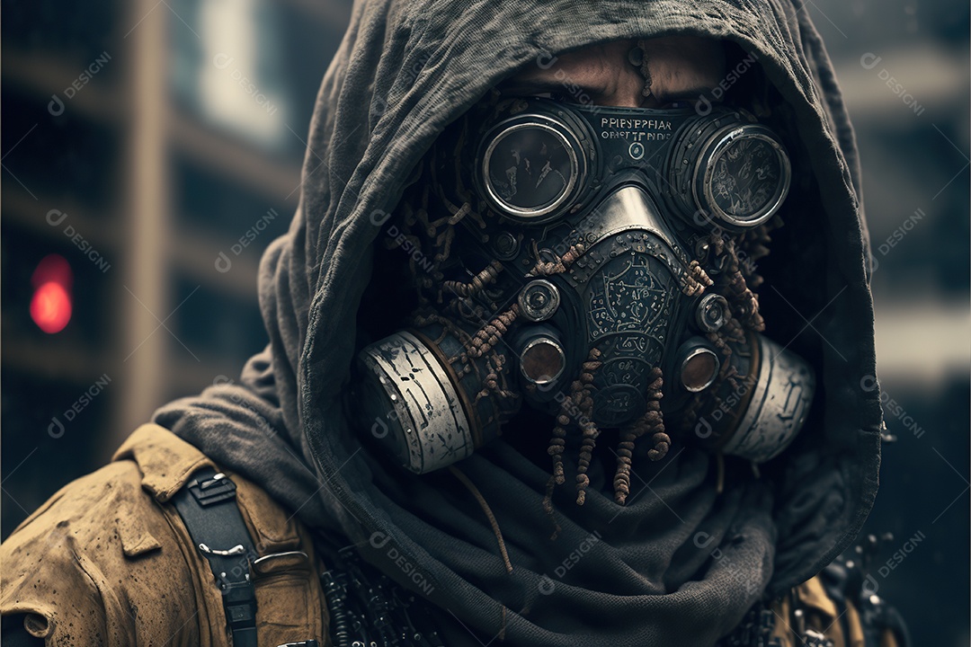 Mundo pós apocalíptico. sobrevivente com máscara de praticantes no mundo devastado. Detritos, fumo, solidão.