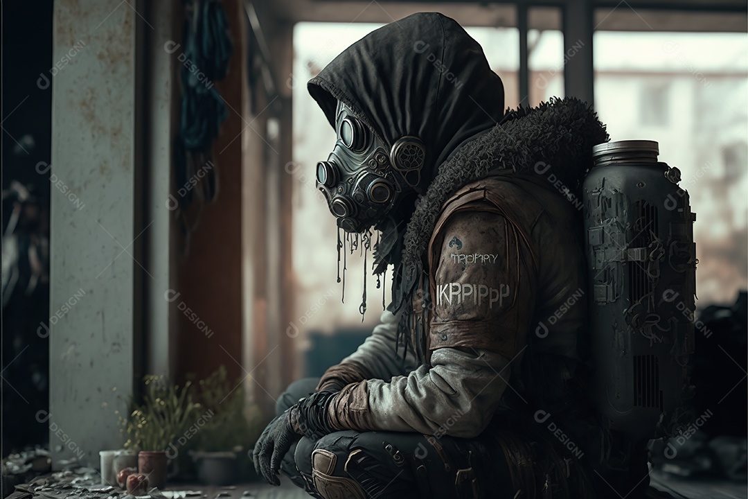 Mundo pós apocalíptico. sobrevivente com máscara de praticantes no mundo devastado. Detritos, fumo, solidão.