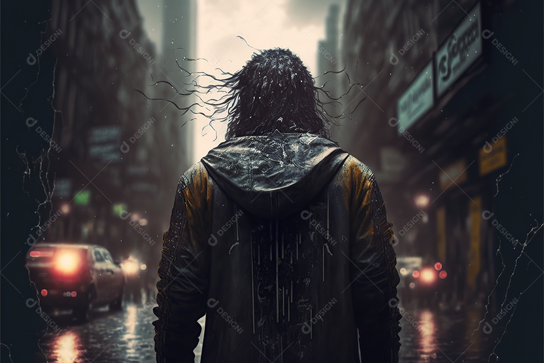 Mundo pós apocalíptico. sobrevivente com máscara de praticantes no mundo devastado. Detritos, fumo, solidão.