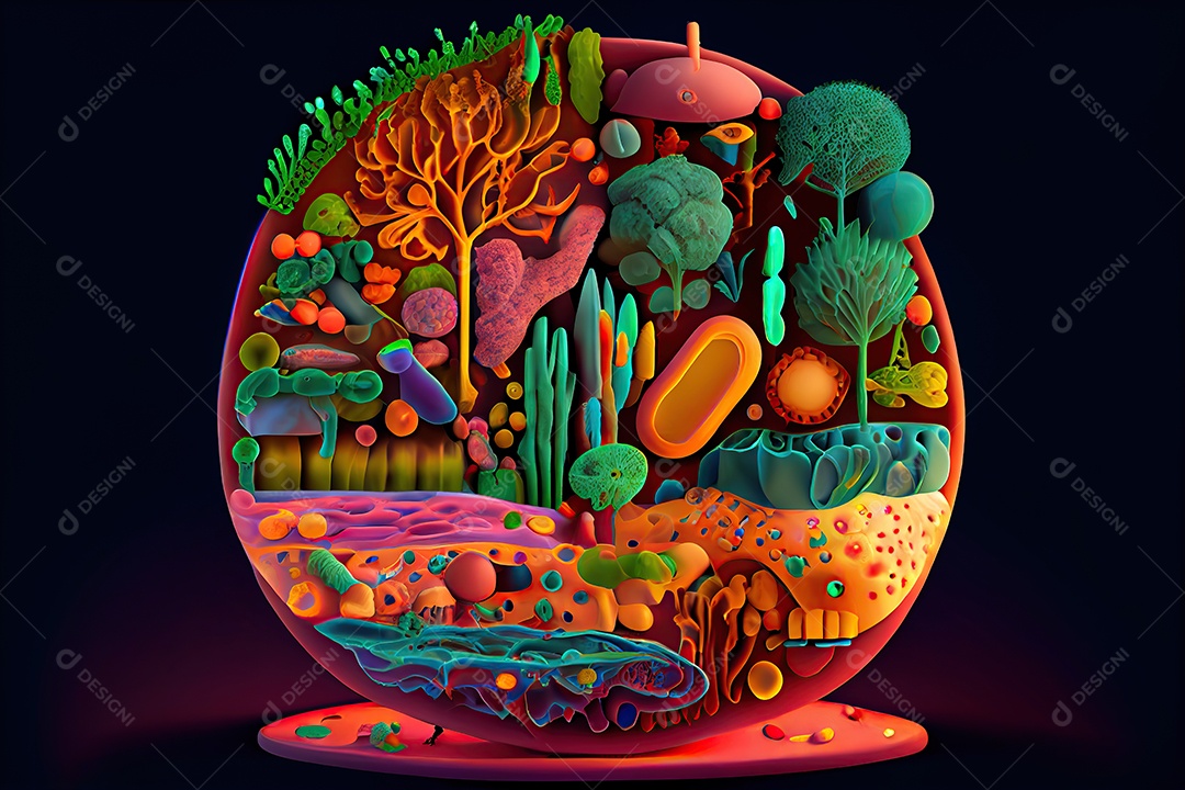 Célula vegetal, mostrando vários componentes, como núcleo, citoplasma, membrana celular e muito mais. É criado com linhas precisas e cores vibrantes.