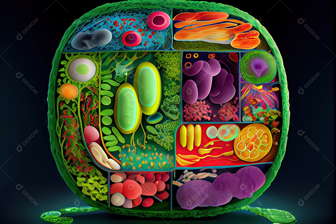 Célula vegetal, mostrando vários componentes, como núcleo, citoplasma, membrana celular e muito mais. É criado com linhas precisas e cores vibrantes.