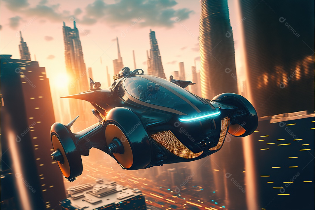 Carros voadores, com propulsão elétrica e capacidade de voar e dirigir em terra. O carro sobrevoa uma cidade futurística, com arranha-céus altos e vias aéreas movimentadas.