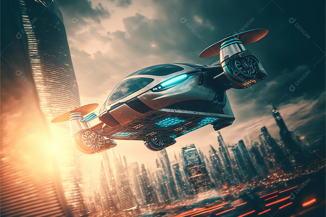 Carros voadores, com propulsão elétrica e capacidade de voar e dirigir em terra. O carro sobrevoa uma cidade futurística, com arranha-céus altos e vias aéreas movimentadas.