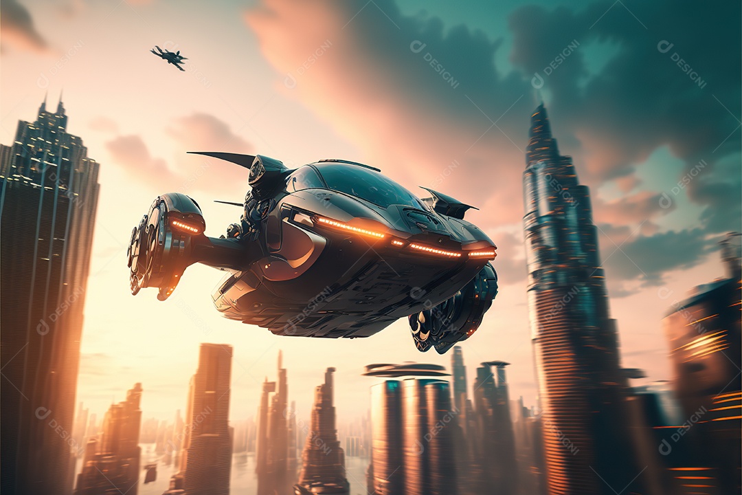 Carros voadores, com propulsão elétrica e capacidade de voar e dirigir em terra. O carro sobrevoa uma cidade futurística, com arranha-céus altos e vias aéreas movimentadas.