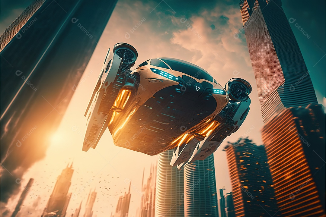 Carros voadores, com propulsão elétrica e capacidade de voar e dirigir em terra. O carro sobrevoa uma cidade futurística, com arranha-céus altos e vias aéreas movimentadas.