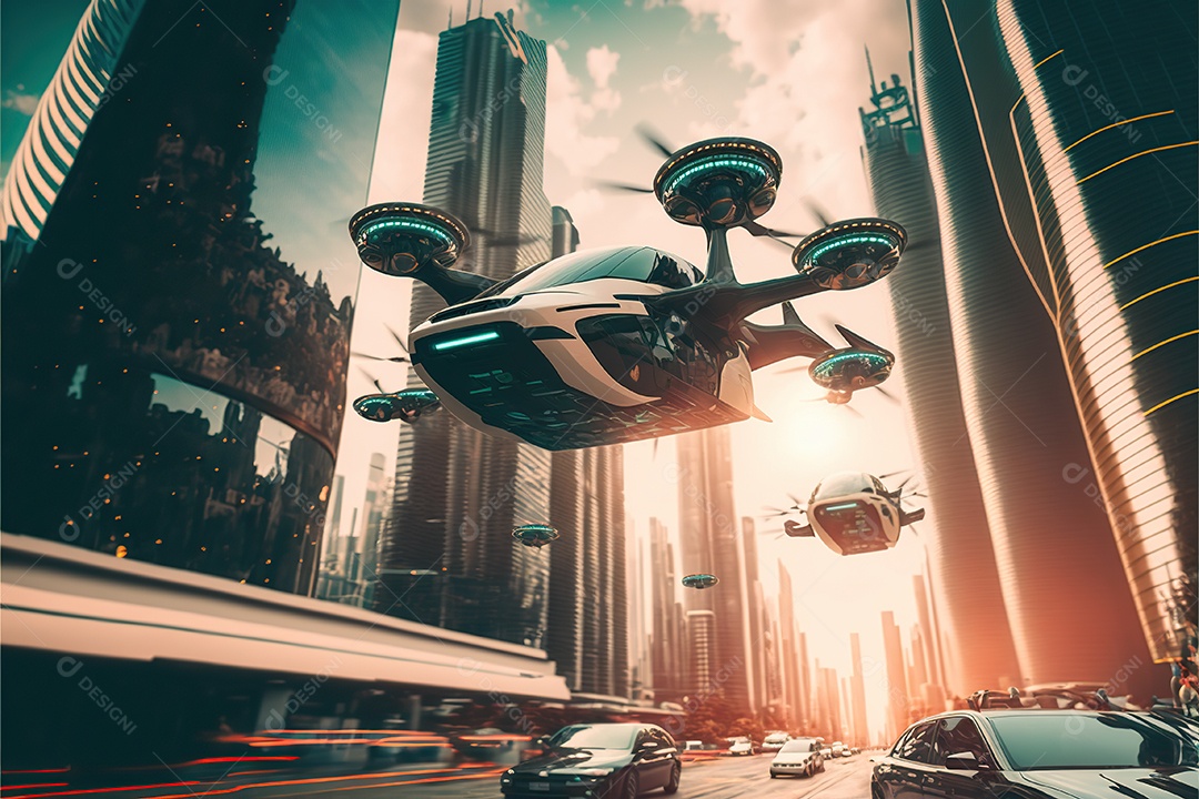 Carros voadores, com propulsão elétrica e capacidade de voar e dirigir em terra. O carro sobrevoa uma cidade futurística, com arranha-céus altos e vias aéreas movimentadas.