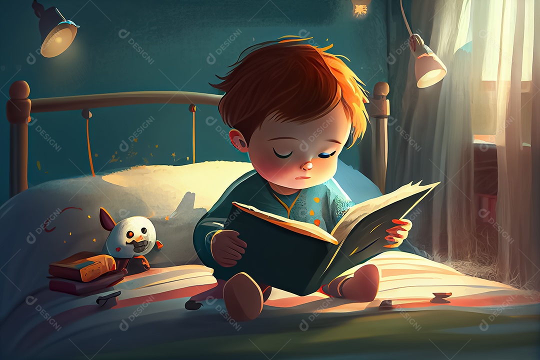 Criança de desenho animado lendo um livro na cama O Dia Mundial do Livro adora ler