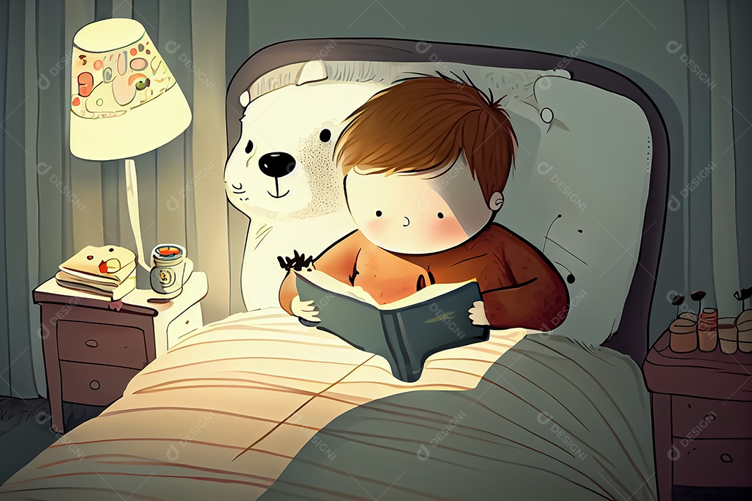 Criança de desenho animado lendo um livro na cama O Dia Mundial do Livro adora ler