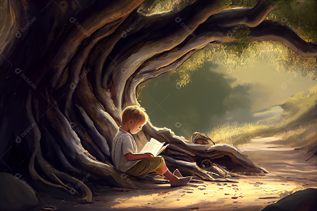 Criança de desenho animado lendo um livro na cama O Dia Mundial do Livro adora ler