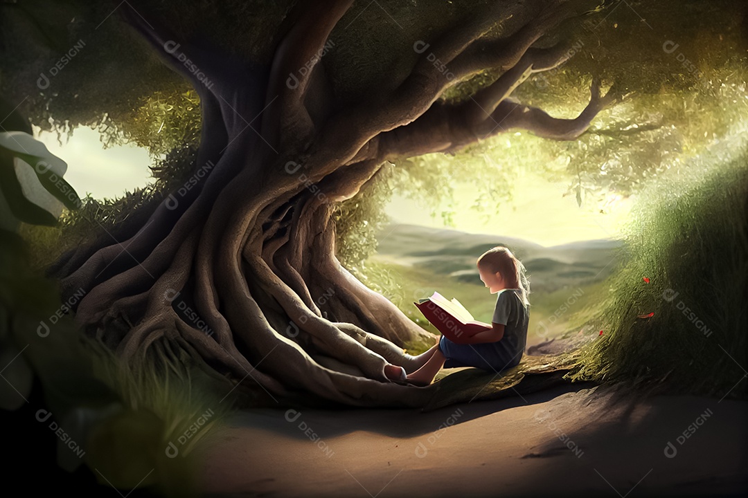 Criança de desenho animado lendo um livro na cama O Dia Mundial do Livro adora ler