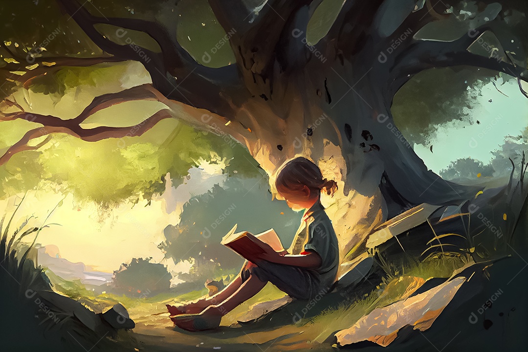 Criança de desenho animado lendo um livro na cama O Dia Mundial do Livro adora ler