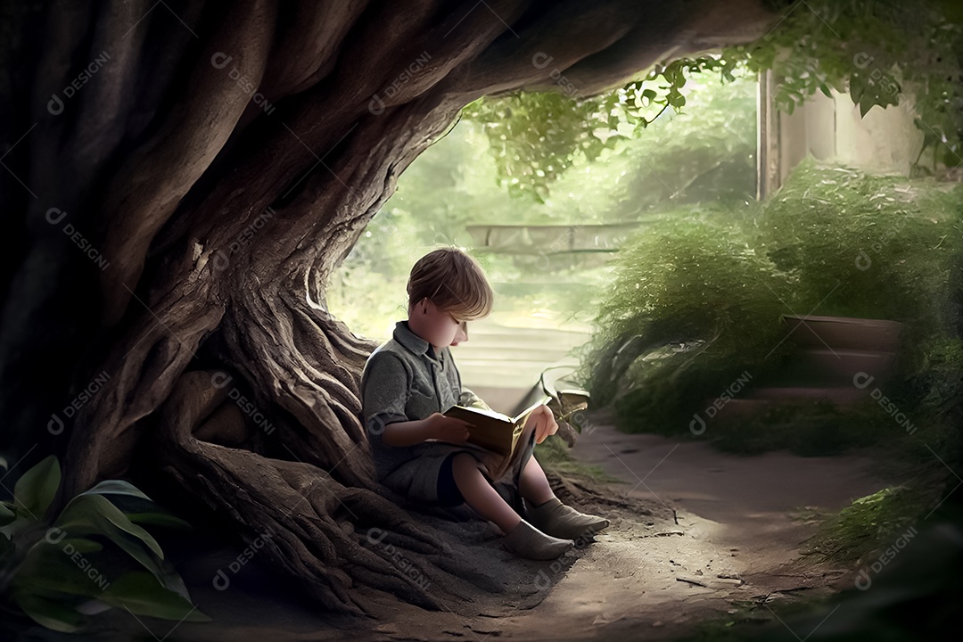 Criança de desenho animado lendo um livro na cama O Dia Mundial do Livro adora ler