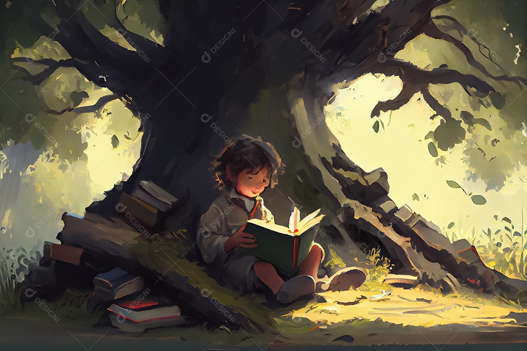 Criança de desenho animado lendo um livro na cama O Dia Mundial do Livro adora ler