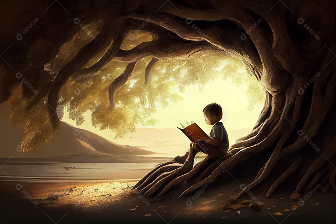 Criança de desenho animado lendo um livro na cama O Dia Mundial do Livro adora ler