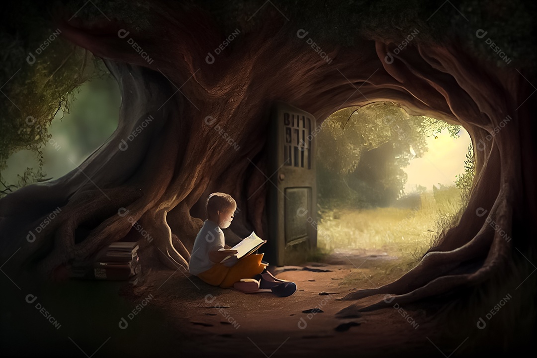 Criança de desenho animado lendo um livro na cama O Dia Mundial do Livro adora ler