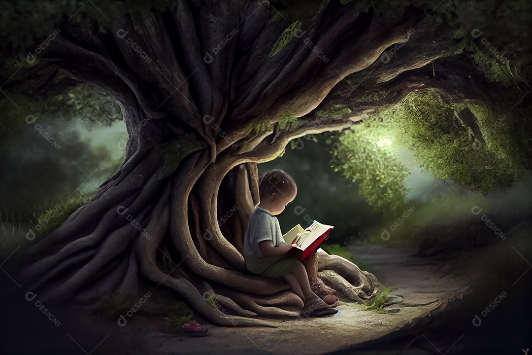 Criança de desenho animado lendo um livro na cama O Dia Mundial do Livro adora ler