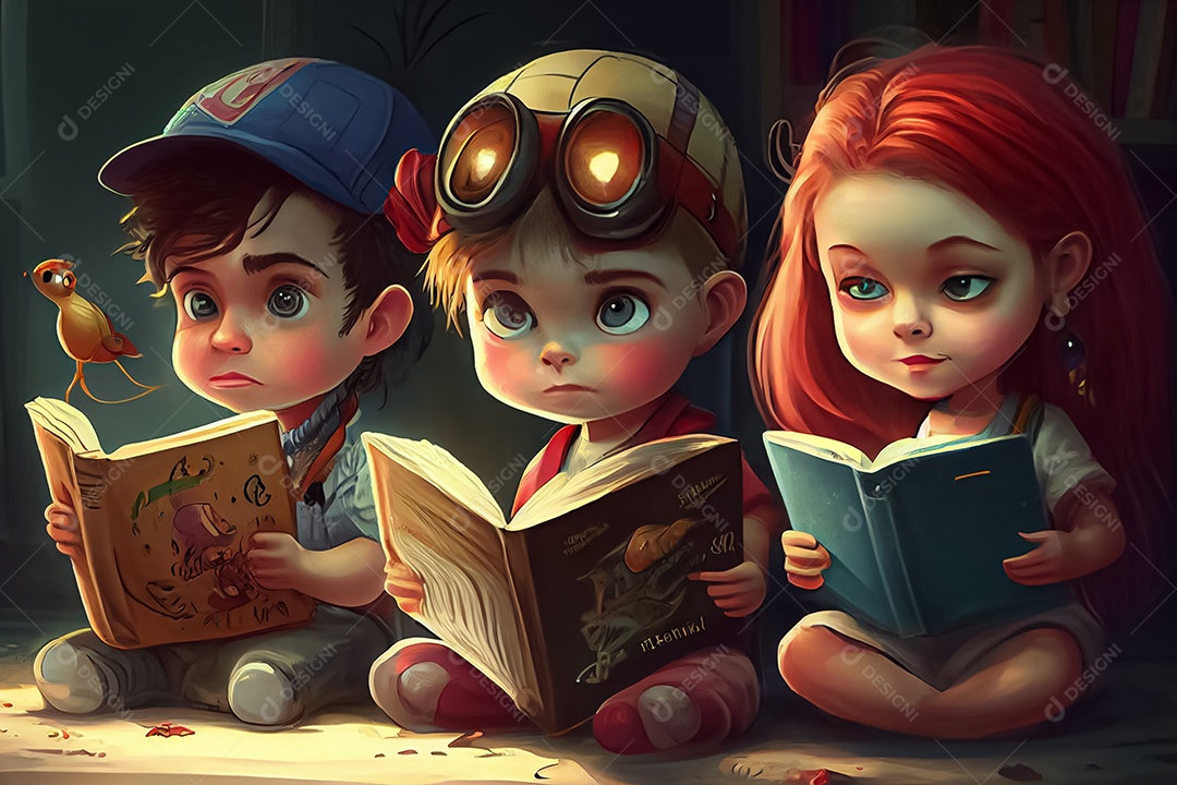 Criança de desenho animado lendo um livro na cama O Dia Mundial do Livro adora ler